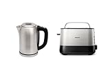 Amazon Basics 1.7L Edelstahlwasserkocher mit Digitalanzeige8 + Philips Toaster – 2 Toastschlitze, 7 Stufen, Brötchenaufsatz, Auftaufunktion