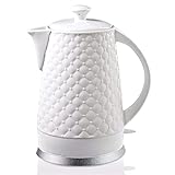 KVOTA Elektrischer Keramik Wasserkocher, Teekessel 1,8 L, 1500-1600W, Gesteppt-Design, weiß, abnehmbarer Deckel