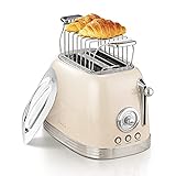 Wiltal Toaster 2 Scheiben, Toaster Retro, Toaster mit Brötchenaufsatz, Toaster mit Deckel aus Edelstahl, Vorheiz-, Auftau- und Abbruchfunktion, Countdown-Timer-Anzeige, Schnell-Toaster(Cremeweiß)